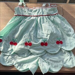 Green Gingham Dress with Cherry Embroidery